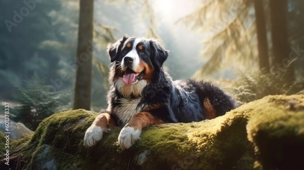 Fototapeta Bernese Moutain Dog on a mossy log in a forest