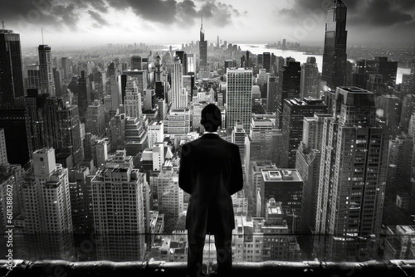 Fototapeta Black & White photo of a successful businessman standing on the top of a building while looking at the skyscraper cityscape.