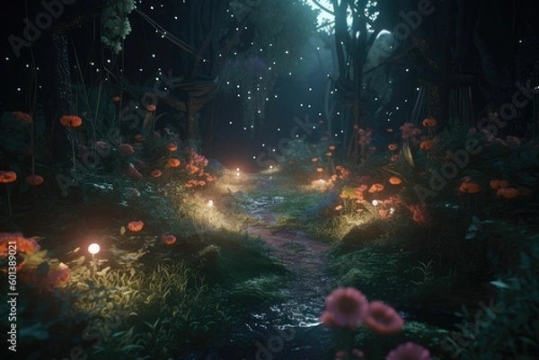 Fototapeta a mystical forest with glowing flowers