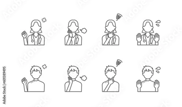 Obraz ネガティブな感情の医師と看護師のイラスト。シンプルな線画のアイコンセット。