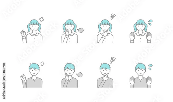 Obraz ネガティブな感情の女の子と男の子のイラスト。シンプルな線画のアイコンセット。