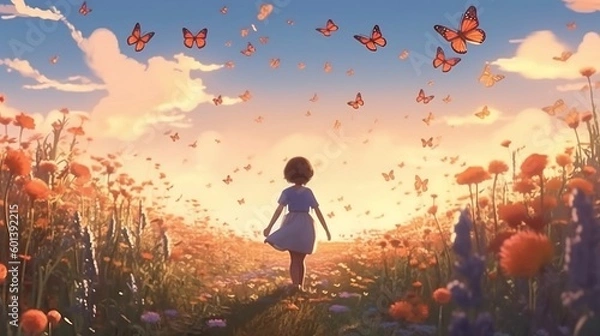 Fototapeta A girl with butterflies in the meadow. Generative AI.