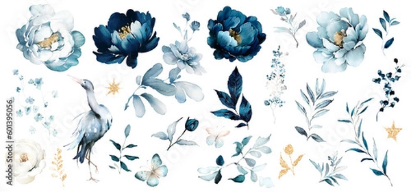 Obraz blue watercolor arrangements with flowers, set, bundle, bouquets with wildflowers, leaves, branches. Botanical illustration