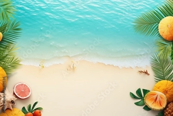 Fototapeta Realistic Summer Background Vibrant Tropical Theme with Ocean View and Palm Trees, Created with Generative AI
