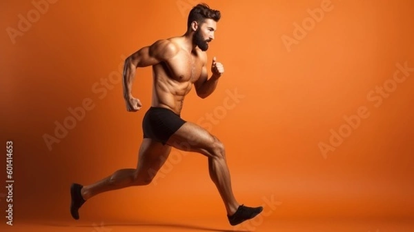 Fototapeta Portrait of a handsome muscular man running on a orange background.Generative Ai