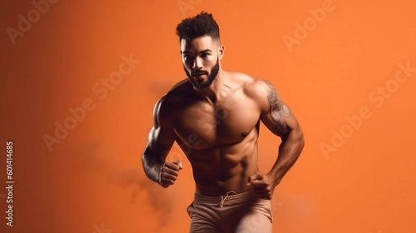 Obraz Portrait of a handsome muscular man running on a orange background.Generative Ai