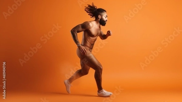 Fototapeta Portrait of a handsome muscular man running on a orange background.Generative Ai