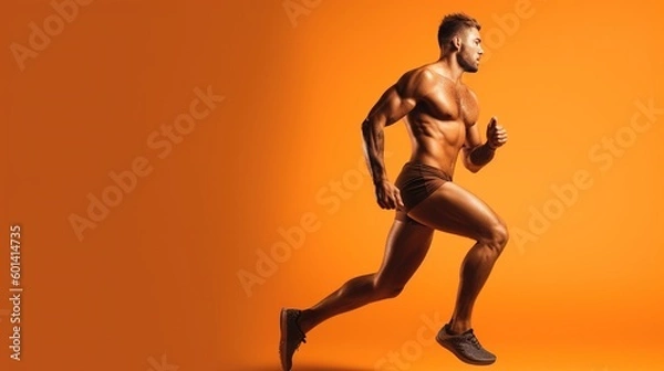 Fototapeta Portrait of a handsome muscular man running on a orange background.Generative Ai