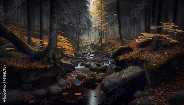 Fototapeta a river that runs through tall trees in the forest, Generative by AI