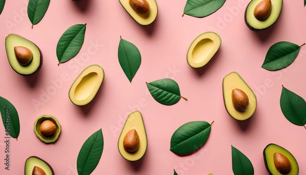 Fototapeta pink background with a cut avocado on it, Generative by AI
