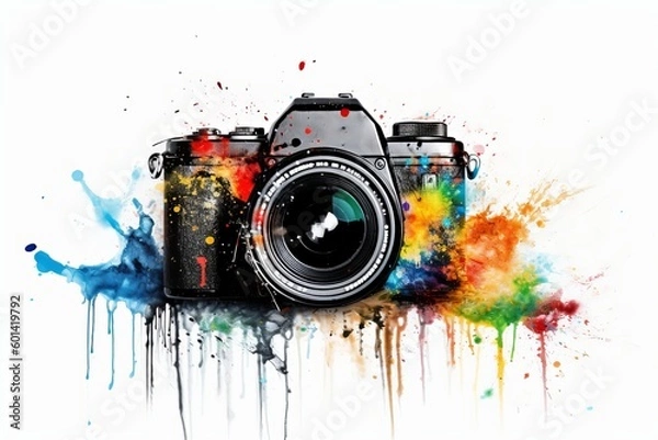 Obraz Camera and water splash on white background from generative ai