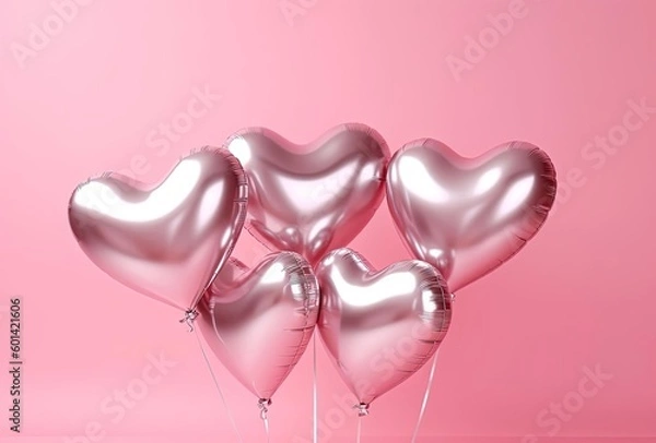 Fototapeta heart shaped foil balloons on pink background, generative ai