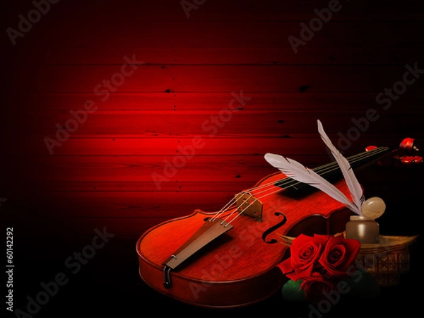 Fototapeta Music background with violin and roses