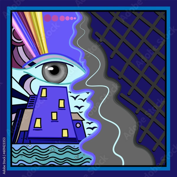 Fototapeta abstract vector illustration with eye, houses and birds. bright unusual pattern