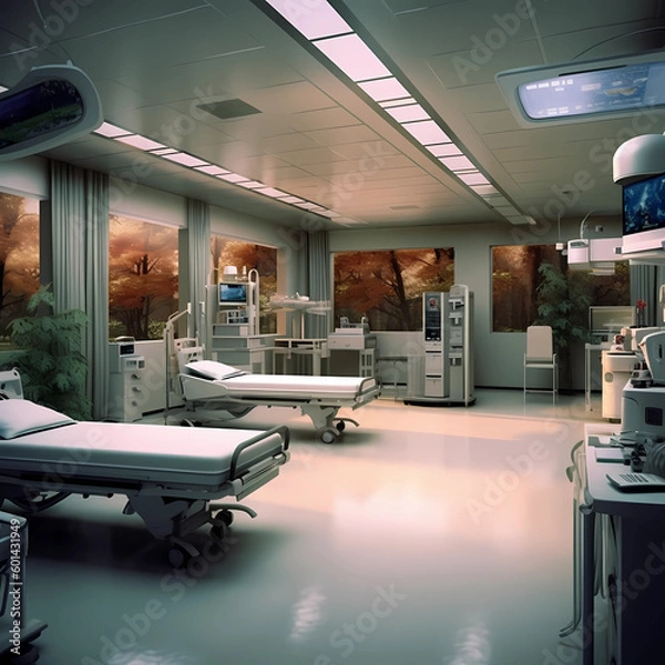 Fototapeta A hospital room with a bed and a lamp on the wall AI generative