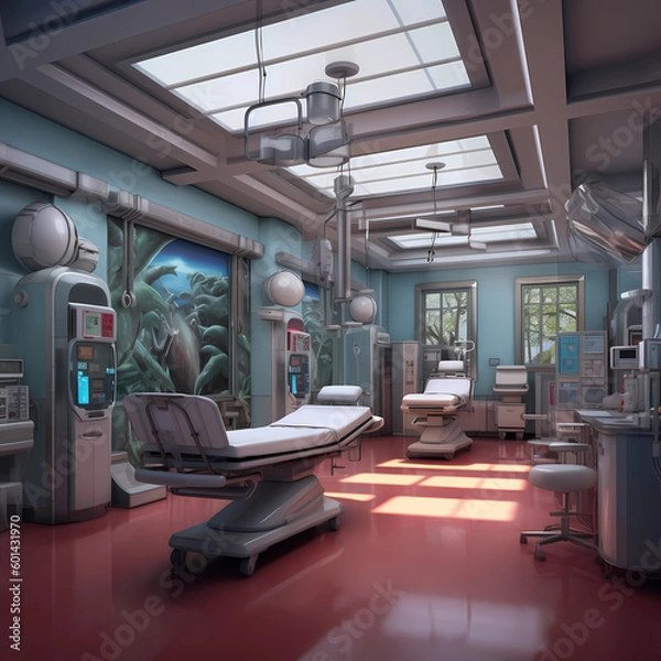 Fototapeta A hospital room with a bed and a lamp on the wall AI generative