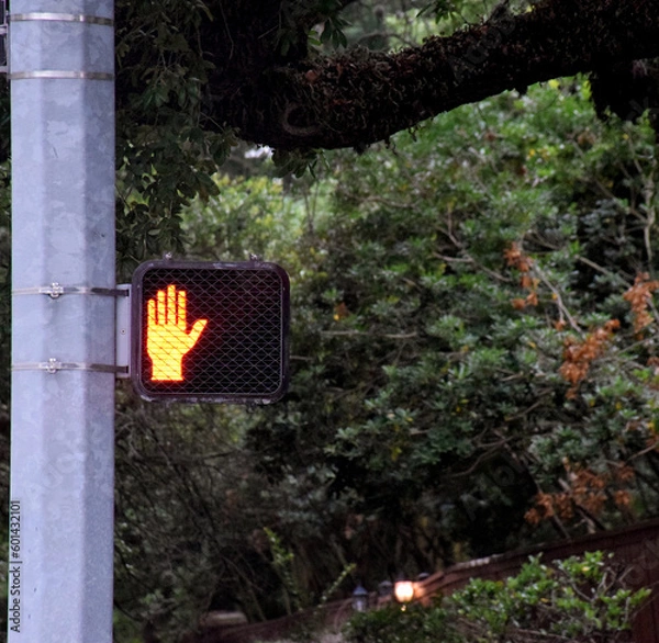 Fototapeta A hand sign gesture for pedestrian to stop at a traffic signal.