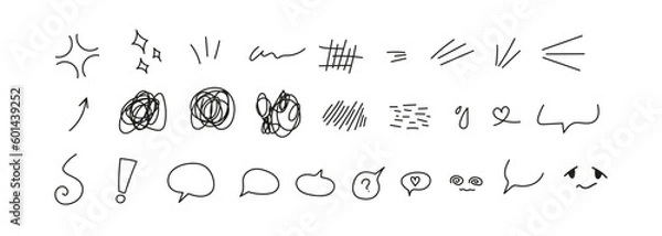 Fototapeta Anime manga doodle scribble effect, particle, speech bubble set. Pencil, pen or marker hand drawn cute arrows, smileys (Full Vector)