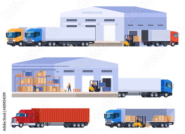 Fototapeta Warehouses with goods and trucks. Storage and delivery of products. Logistics centers to improve the speed and distribution of goods. Vector illustration