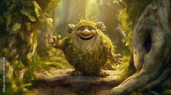 Obraz Fantasy creature in a magical forest with glowing lights,trees and mushrooms. Made with Generative AI.