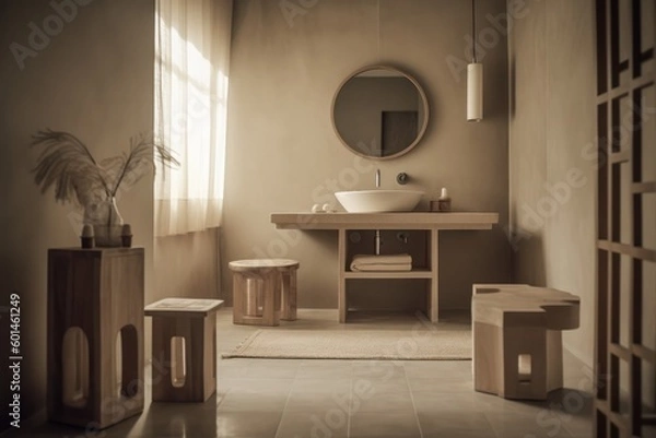 Fototapeta Calming Bathroom with Natural Color Palette, Combining Boho Scandinavian Elements and Japandi Influence.