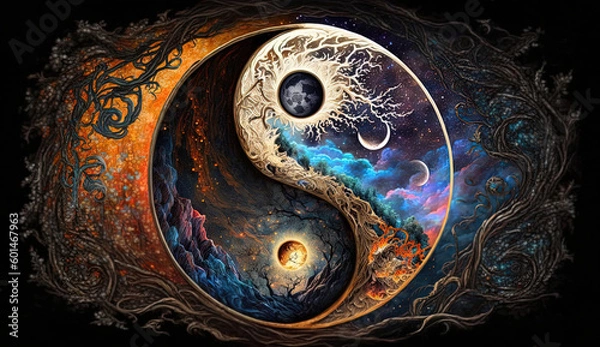 Fototapeta yin yang symbol with yin yang, creation of cosmos, duality in the universe, life is birthing. Concept. Illustration. Generative Ai.