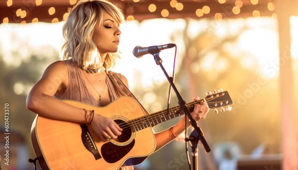 Obraz Female Country music performer, sing-a-song writer in USA. Generative AI illustrations