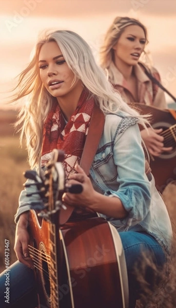 Fototapeta Female Country music performer, sing-a-song writer in USA. Generative AI illustrations