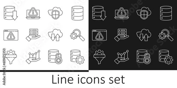 Fototapeta Set line Server and gear, Magnifying glass, Cloud shield, Server, Data, Web Hosting, Browser with exclamation mark, download upload and Laptop icon. Vector