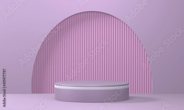 Fototapeta Empty minimalistic light pink podium with white rim in studio lighting. Single cylinder on a light pink background with an arch. 3d render