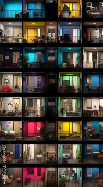 Fototapeta Close-up of a colorful residential building with lattice balconies