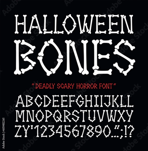 Obraz Bones font for Halloween or horror movie logo design. Hand drawn typeface, stencil capital letters  numbers and symbols made of bones and joints on a black background. Vector illustration.