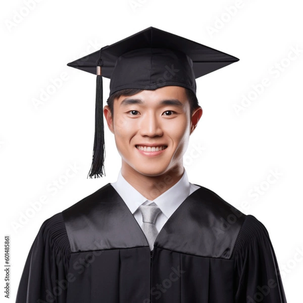 Obraz Portrait of a handsome, young, asian man wearing graduation cap and gown. Isolated on transparent background, no background.