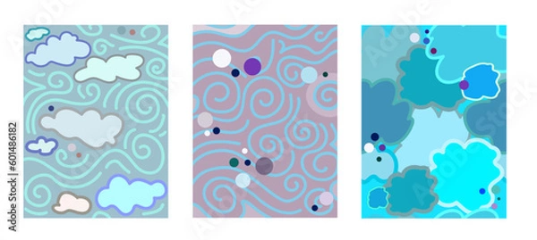 Obraz Elements of nature Air. Vector drawing of clouds air and wind background. Collection set of three. Colourful abstract forms of clouds winds. World air day Background for cards, 