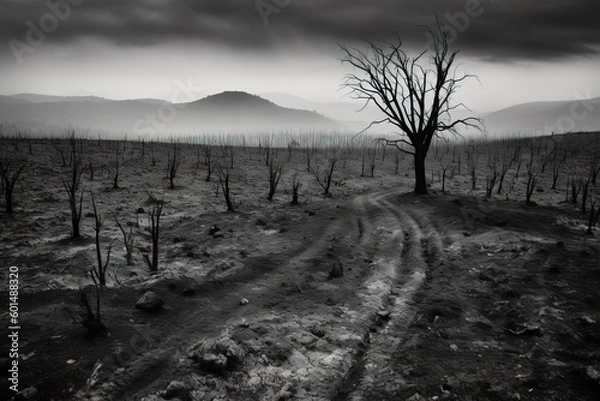 Obraz Vast Expanse of Scorched Land Post Devastating Wildfire - Generative AI