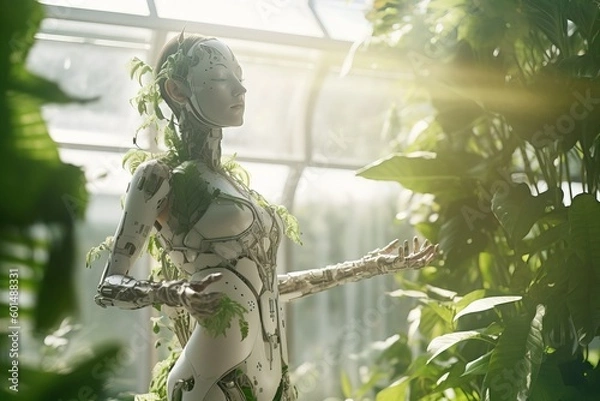 Obraz Humanoid in Sunlit Room Adorned with Lush Greenery - Generative AI