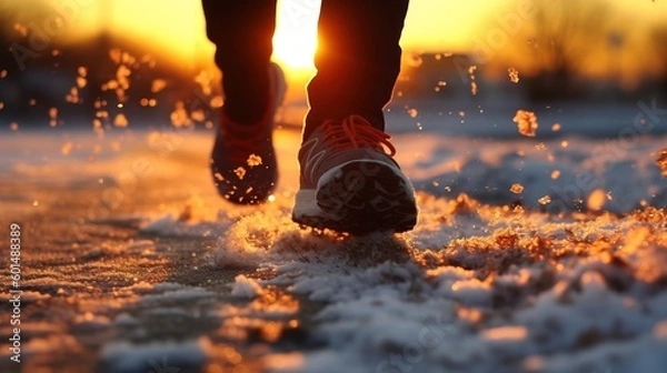 Obraz Close-up of Runner's Foot Breaking Through Snow - Generative AI
