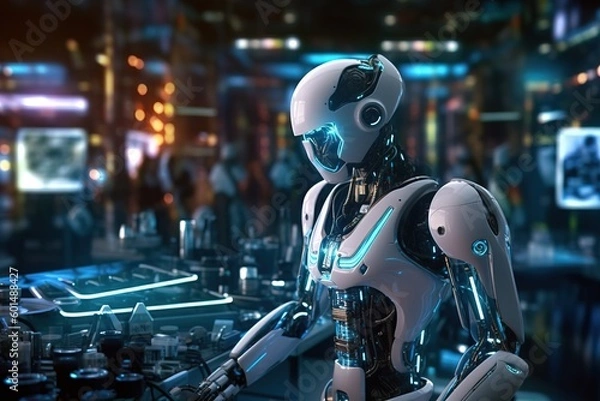 Obraz Humanoid Robot Stands in Dimly Lit Laboratory - Generative AI