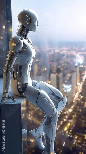 Fototapeta Humanoid Robot Gazing High in Futuristic Skyscraper - Generative AI