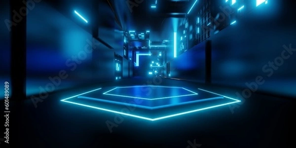 Fototapeta Technology floor and wall The background of the product base in the room with hexagon laser light 3D illustration
