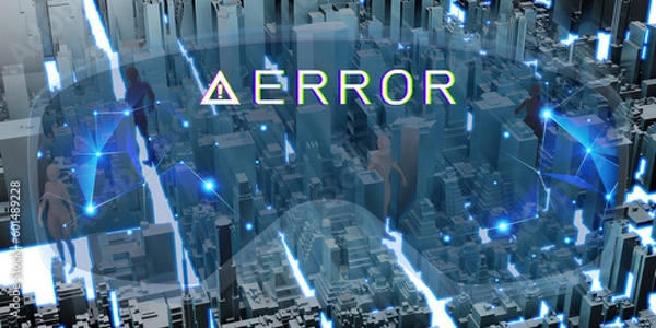 Fototapeta Virtual reality The Metaverse world through VR camera view Cities and people in a simulated world 3D illustration