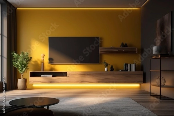 Fototapeta TV in modern living room at the yellow wall, created with generative AI