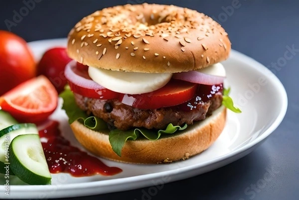 Fototapeta hamburger on a plate on table, generative ai