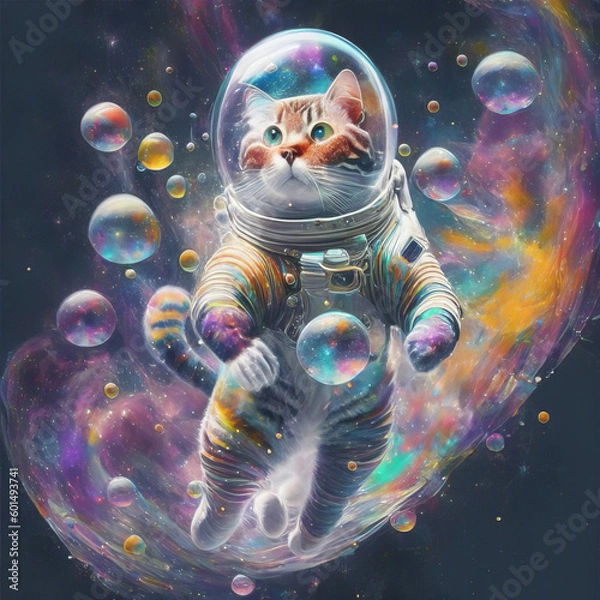 Fototapeta An image of an astronaut cat in a colorful galaxy of bubbles on another planet.