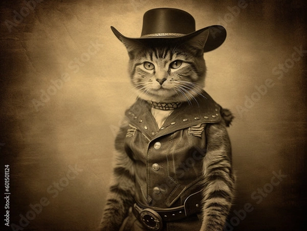 Fototapeta An Antique Photo of a Cat Dressed Up as a Cowboy | Generative AI