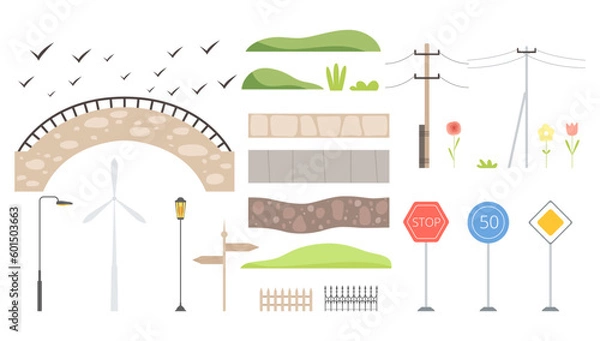 Fototapeta City and Park Landscape Elements with Road Sign, Lamp Post, Bridge and Pathway Vector Set