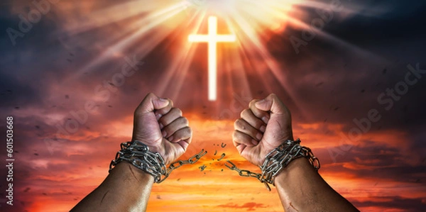 Fototapeta Cross Broken Chains. The concept of gaining freedom.
