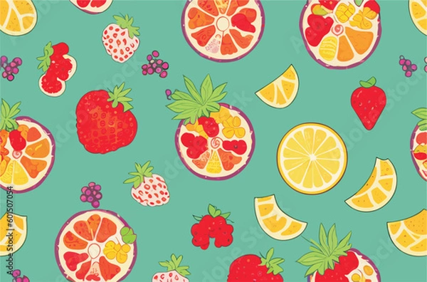 Fototapeta Vector abstract background with fruits and berries 
(strawberry, red currant, lemon).