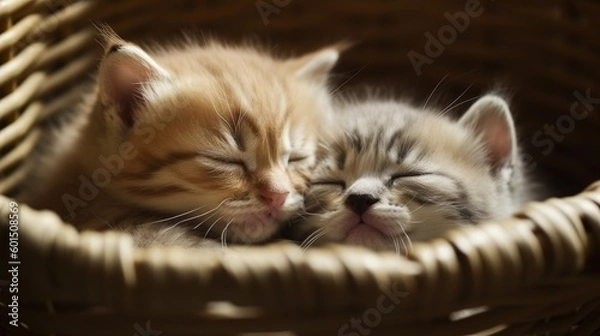 Obraz A 2 cute baby cats sleeping in a basket , ai, ai generative, illustration