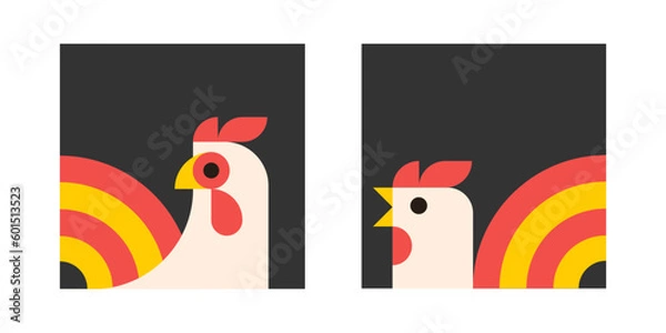 Obraz Farm bird. Contour geometric  illustration with rooster head. Vector print for poster, packaging  and banner.